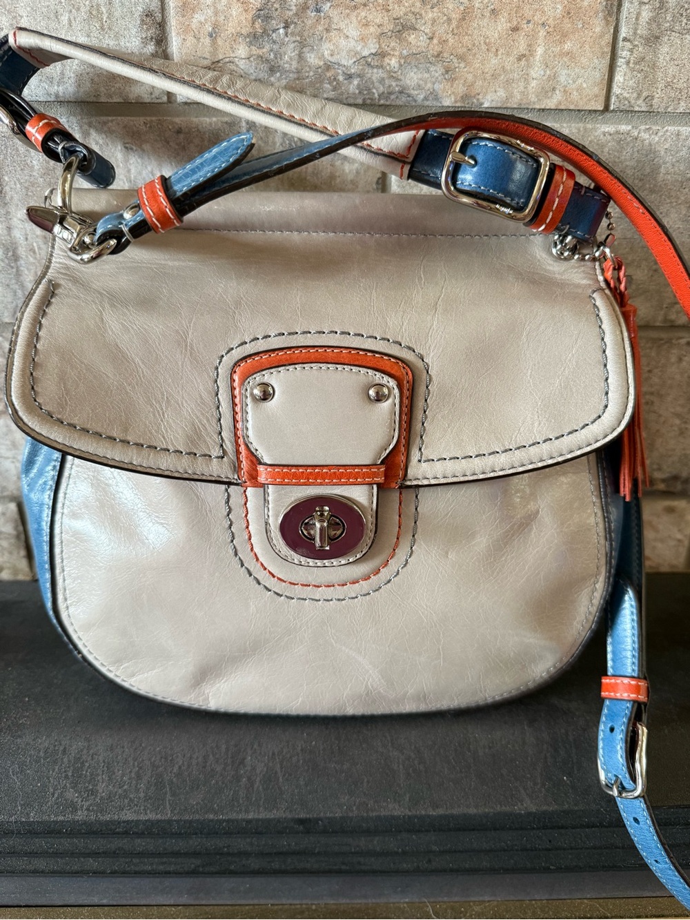 Coach Willis Leather Crossbody Bag in Cream with Blue & Orange Trim